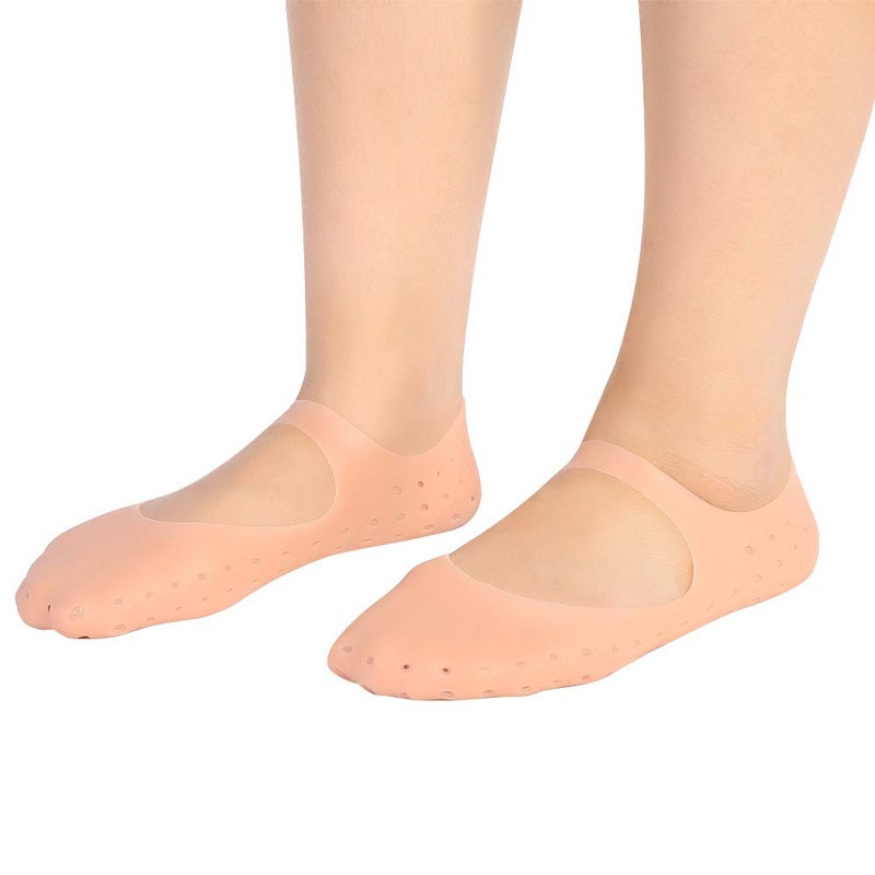 woobles 1 Pair Silicone Socks, Silicone Gel Moisturizing Socks Tool Prevention Socks for Women with Breathable Hole and Silicone Socks for Moisturizing Socks Foot Care(L-Skin Color) - Image 1